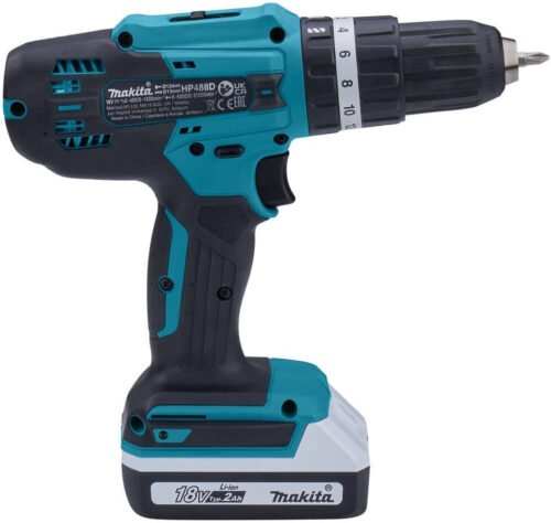 Makita HP488DWAX4 18V G-Series Combi Drill Complete with 1 x 2.0 Ah Battery, Charger and 74 Piece Bit Set Supplied in a Toolchest