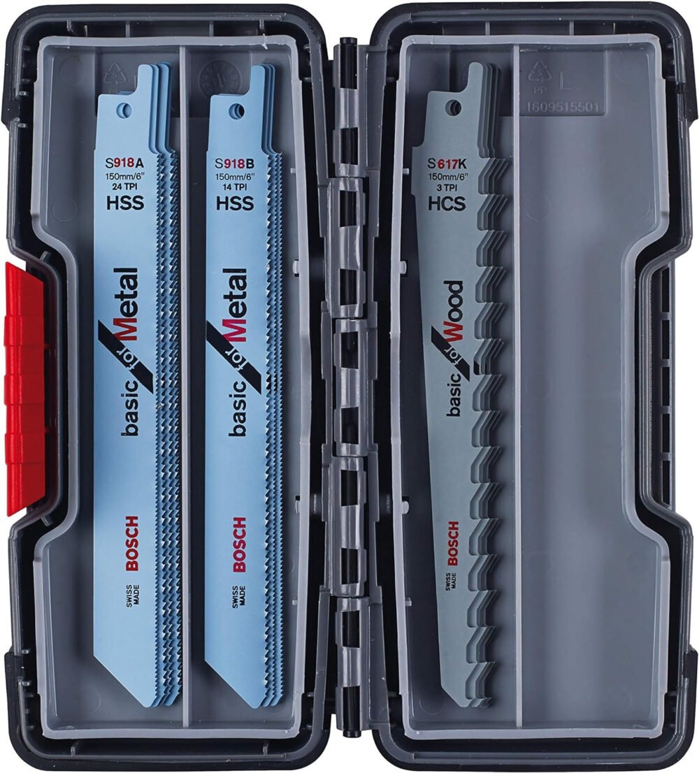 Bosch Professional 2607010901 15-Piece Recip Saw Blade Wood and Metal Set (for Wood and Metal, Toughbox, Accessories for Recip Saws) , White