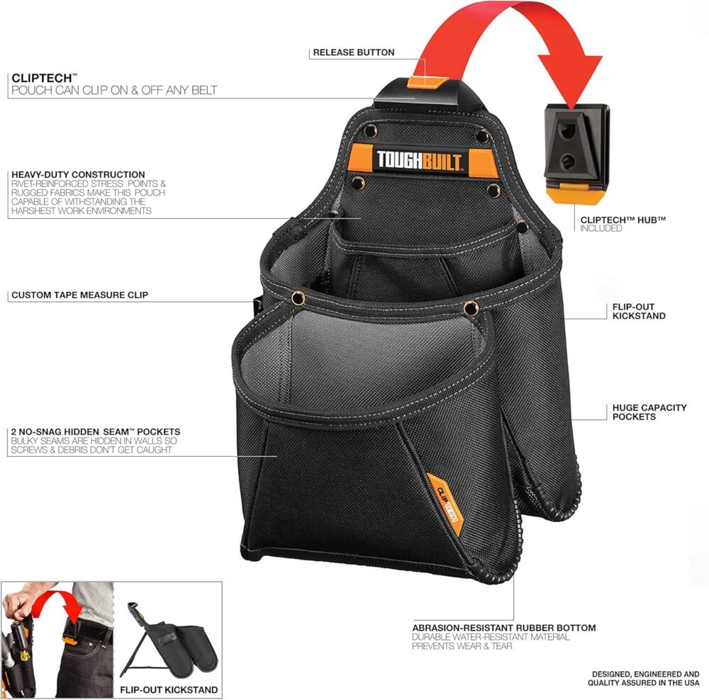 ToughBuilt - Multi-Pocket Organizer Tool Pouch - Heavy Duty, Deluxe Premium Quality, Durable - Patented ClipTech Hub & Work Belts