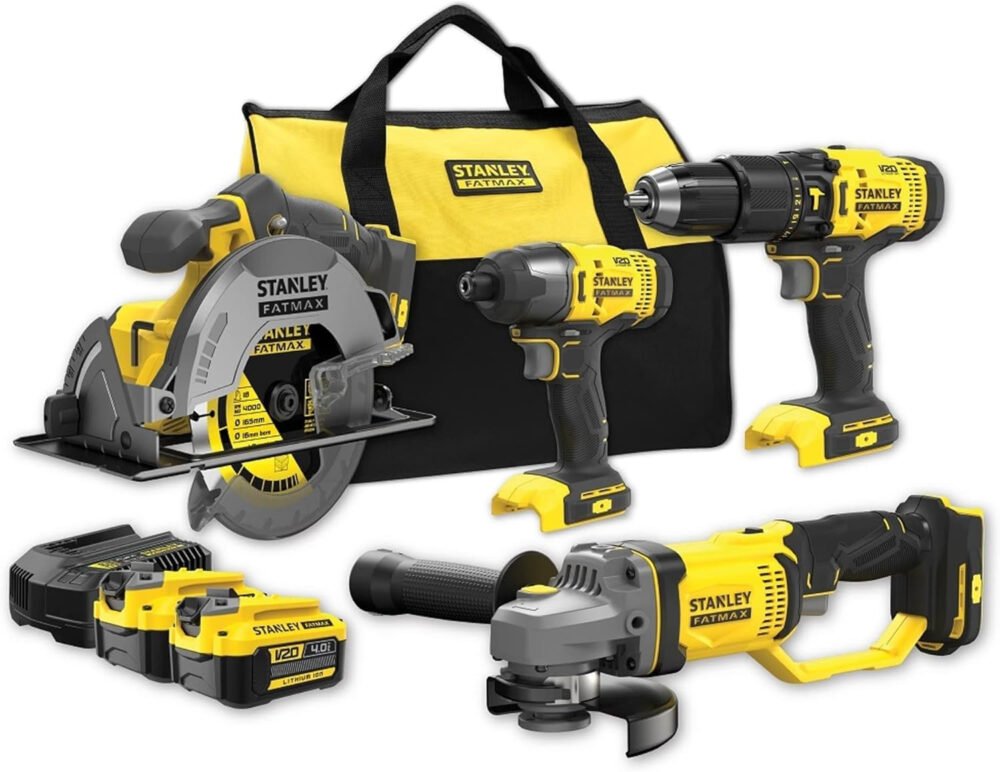 STANLEY FATMAX SFMCK469M2-QW Combination Kit V20 18 V Consisting of Hammer Drill, Hand Circular Saw, Angle Grinder, Impact Driver, Charger and 2 x 4.0Ah Batteries