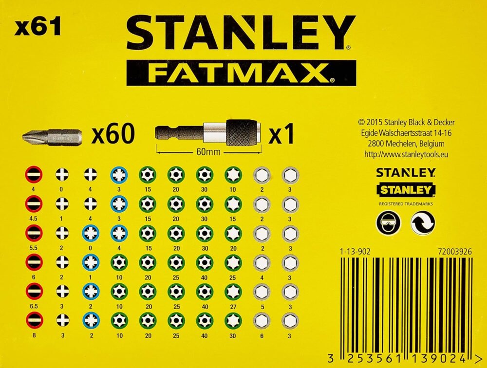 Stanley 1-13-902 Bit Set, 1/4 Drive, 61 Pieces