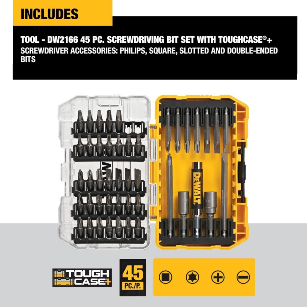 DEWALT Screwdriver Bit Set with Tough Case, 45-Piece (DW2166), Grey/Silver Screwdriving Set With Tough Case